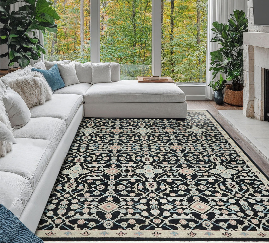 12x15 Black, Beige, Rose Color Hand Knotted Oushak Wool Transitional Oriental Rug