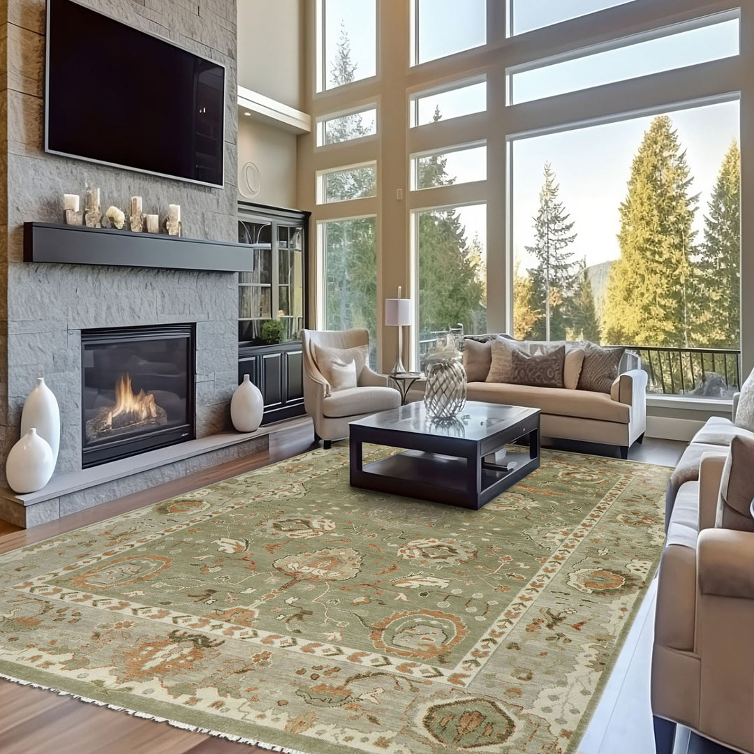 Palace Green, Peach, Beige Color Hand Knotted Oushak Wool Transitional Oriental Rug