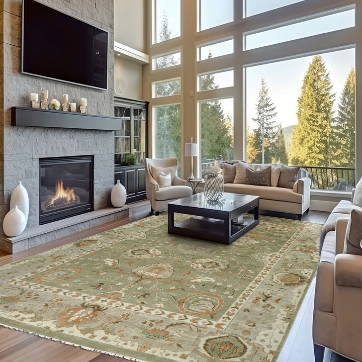 Palace Green, Peach, Beige Color Hand Knotted Oushak Wool Transitional Oriental Rug