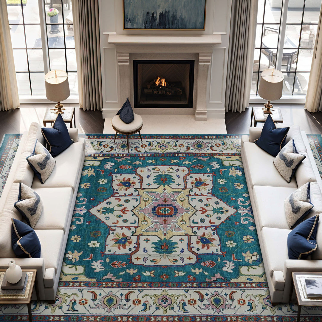 Palace Teal, Ivory, Rust Color Hand Knotted Oushak Wool  Oriental Rug