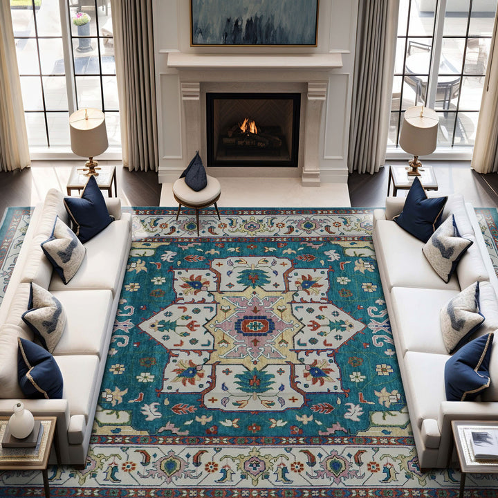 Palace Teal, Ivory, Rust Color Hand Knotted Oushak Wool  Oriental Rug