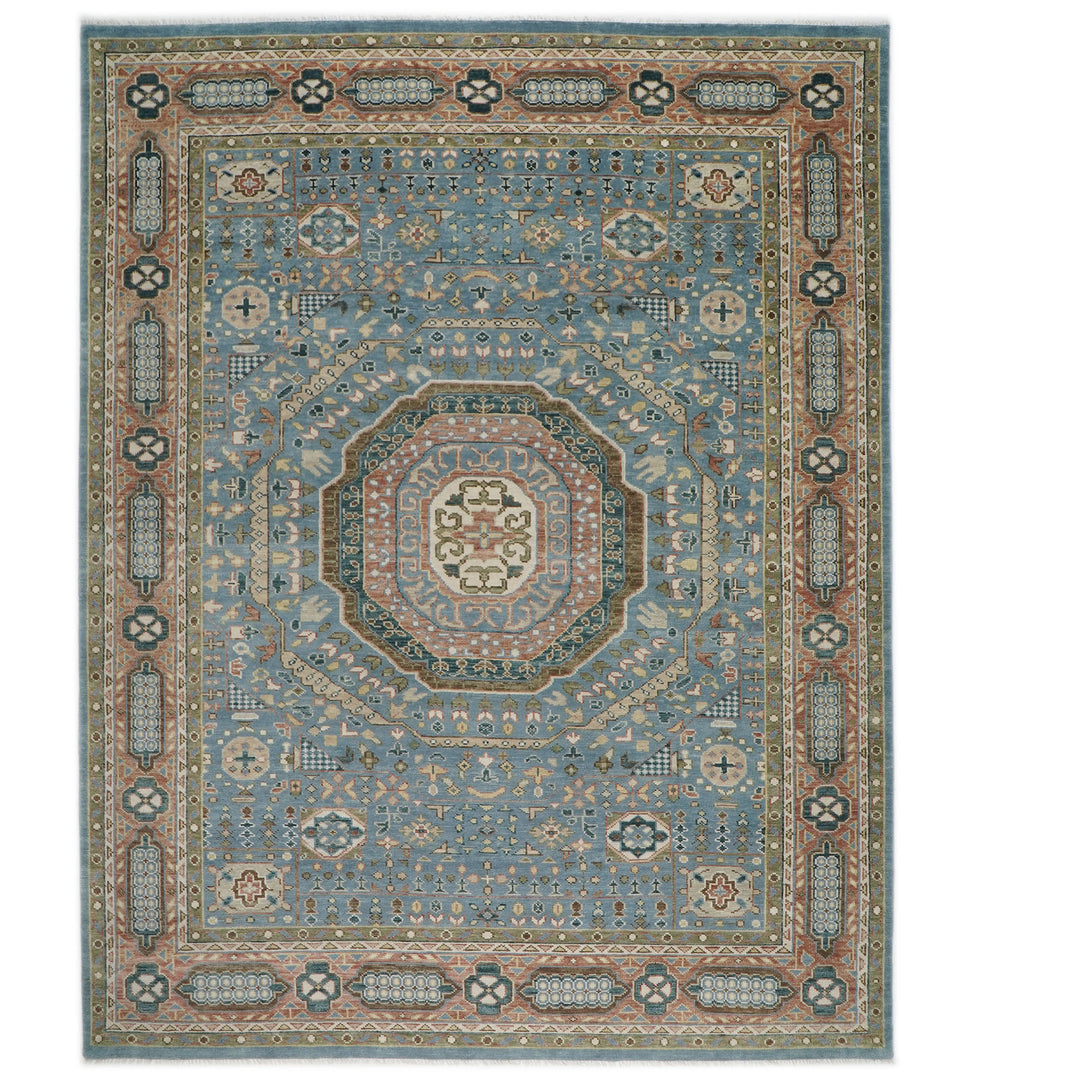 Palace Blue, Rust, Green Color Hand Knotted Oushak Wool Traditional Oriental Rug