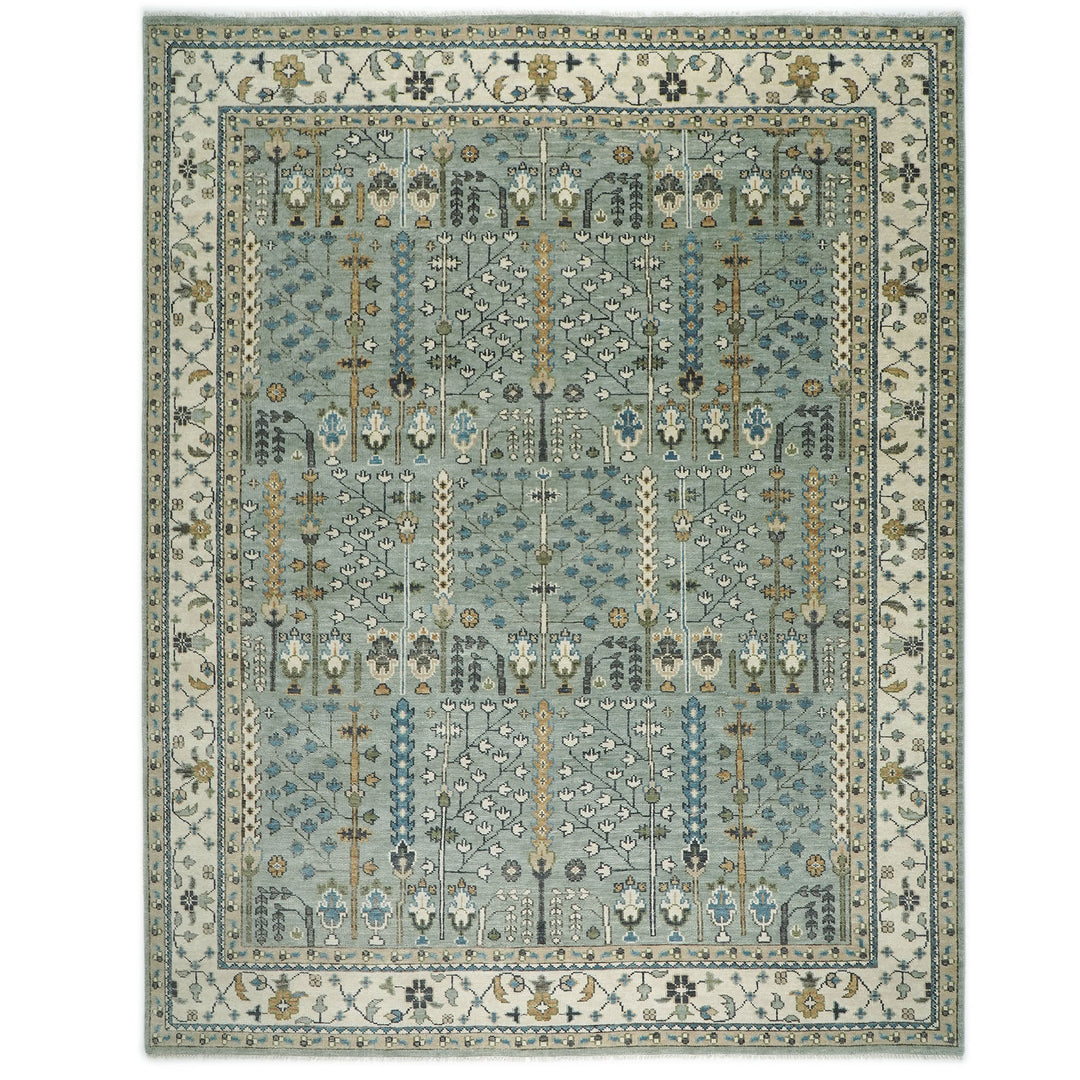 Palace Celadon, Beige, Brown Color Hand Knotted Oushak Wool Transitional Oriental Rug
