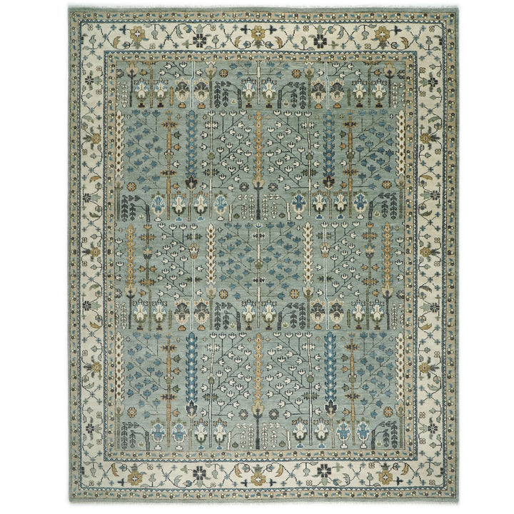 Palace Celadon, Beige, Brown Color Hand Knotted Oushak Wool Transitional Oriental Rug