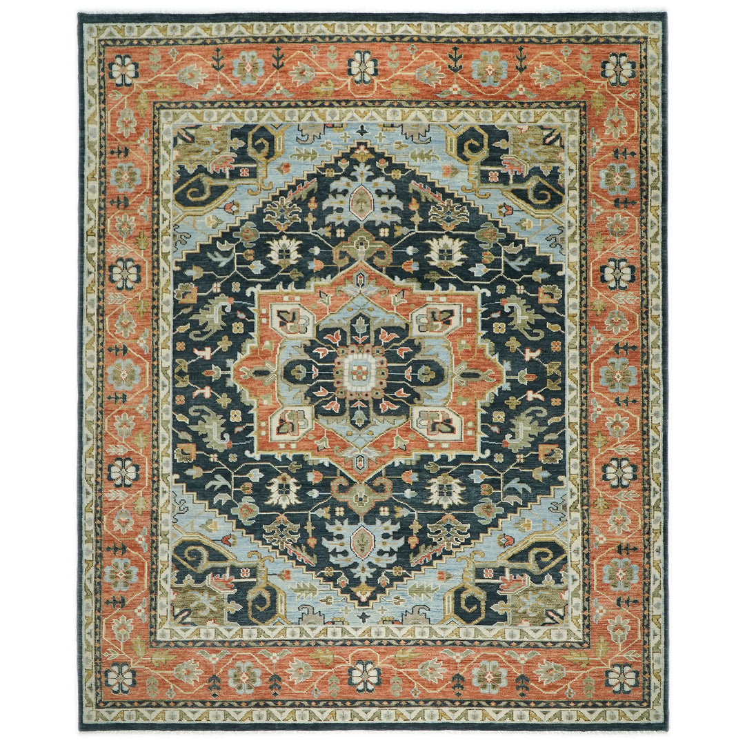 Palace Blue, Burnt Orange, Ivory Color Hand Knotted Oushak Wool  Oriental Rug