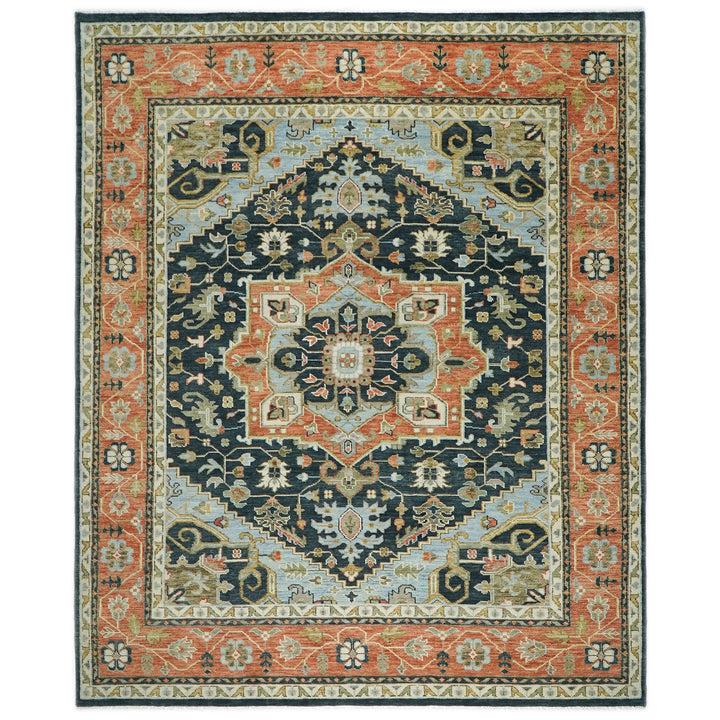 Palace Blue, Burnt Orange, Ivory Color Hand Knotted Oushak Wool  Oriental Rug
