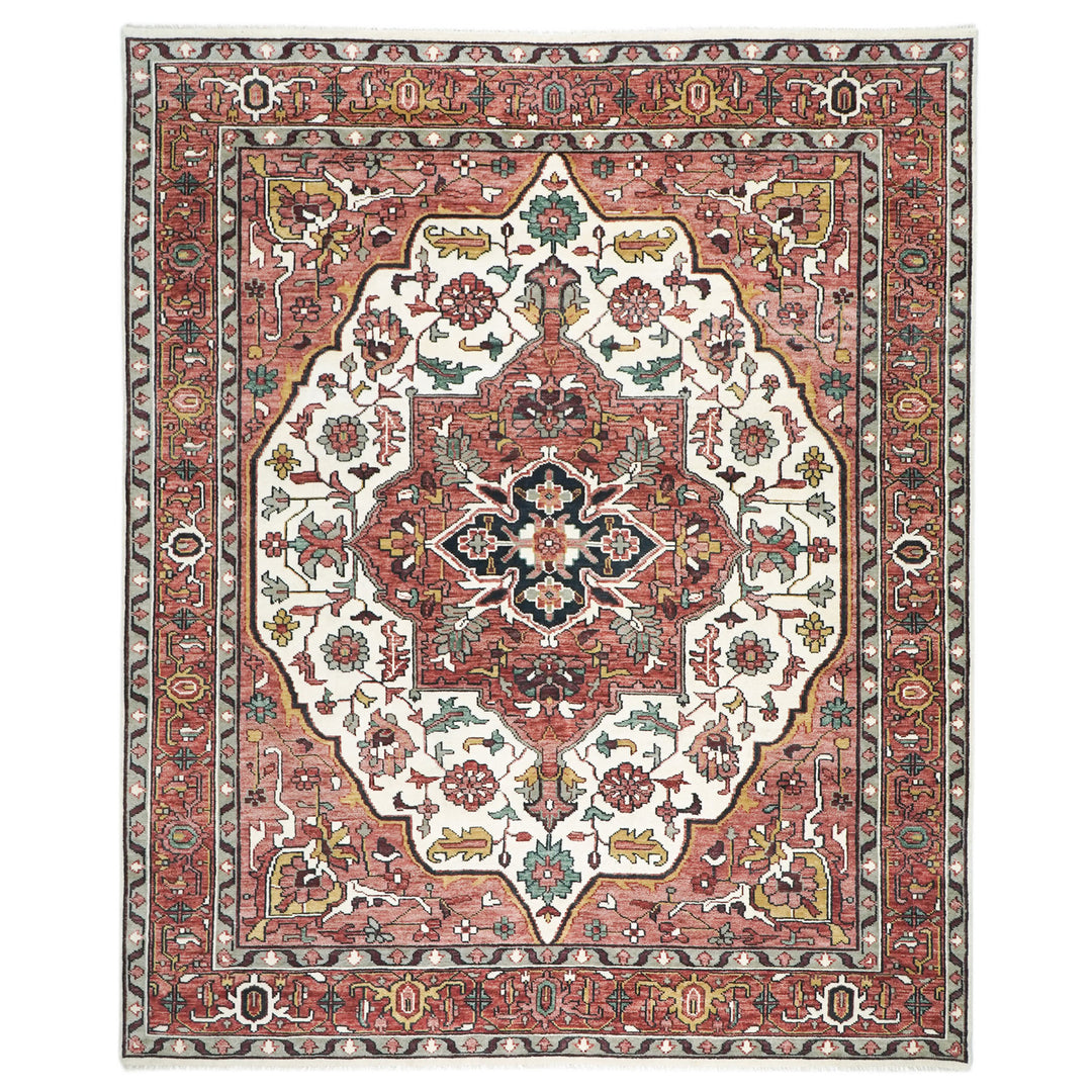 Palace Rose, Ivory, Brown Color Hand Knotted Oushak Wool  Oriental Rug