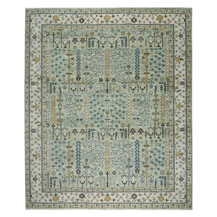 Palace Celadon, Beige, Tan Color Hand Knotted Oushak Wool Transitional Oriental Rug