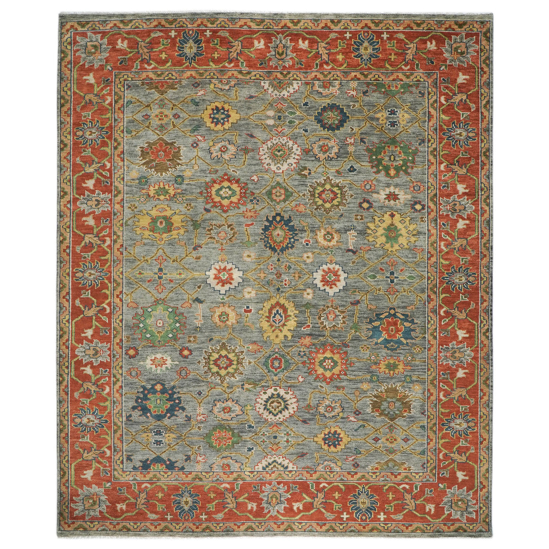 Palace Blue, Gray, Burnt Orange Color Hand Knotted Oushak Wool  Oriental Rug
