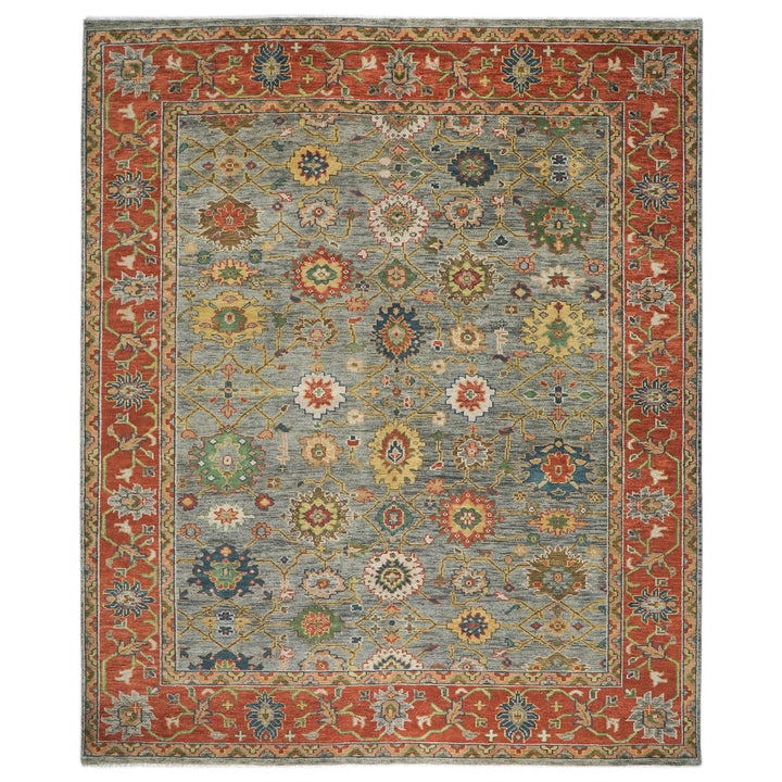 Palace Blue, Gray, Burnt Orange Color Hand Knotted Oushak Wool  Oriental Rug