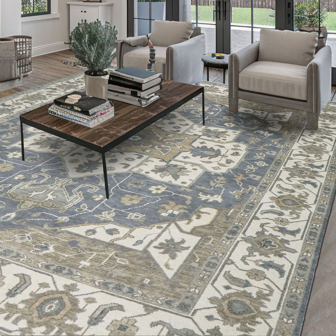 Palace Slate, Ivory, Beige Color Hand Knotted Oushak Wool  Oriental Rug