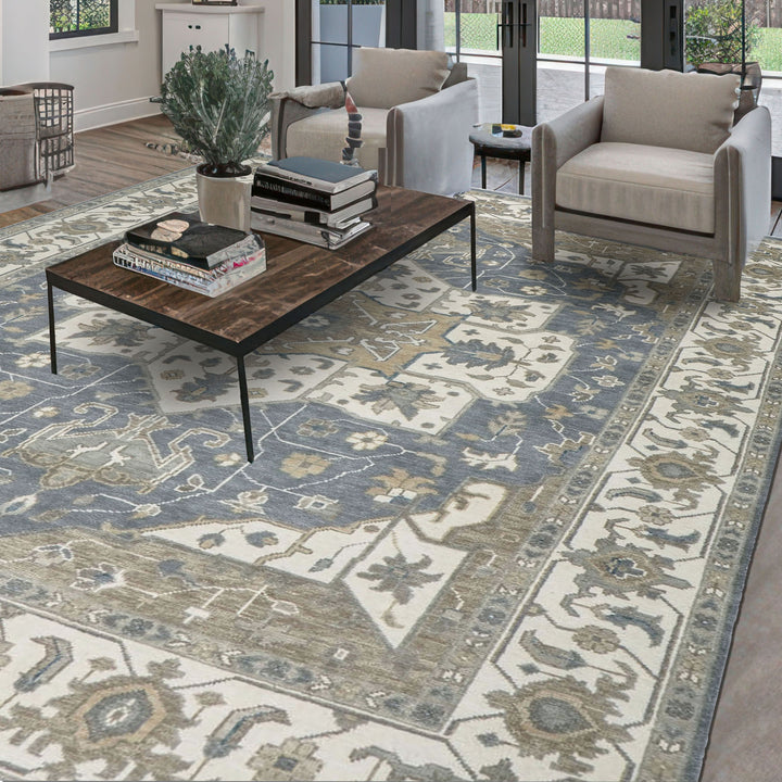 Palace Slate, Ivory, Beige Color Hand Knotted Oushak Wool  Oriental Rug