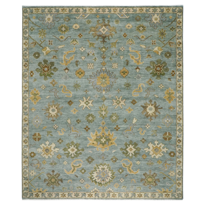 Palace Celadon, Beige, Lime Color Hand Knotted Oushak Wool Transitional Oriental Rug
