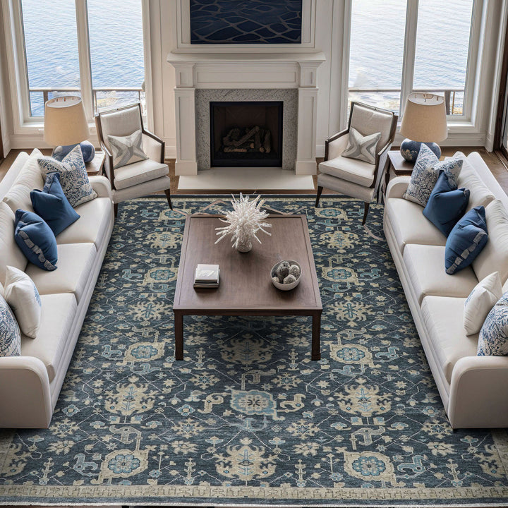 Palace Blue, Beige, Moss Color Hand Knotted Oushak Wool Arts and Crafts Oriental Rug