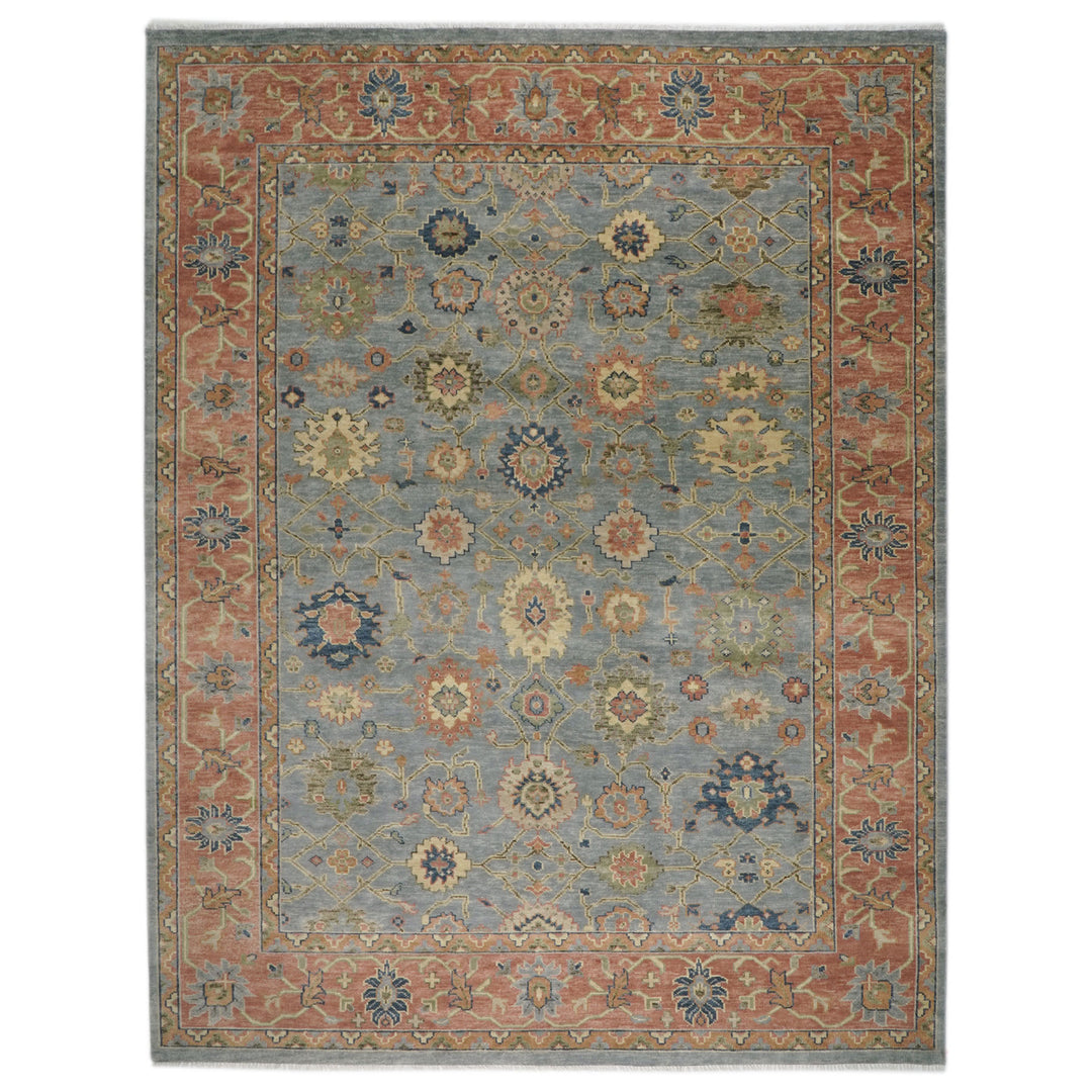 Palace Blue, Peach, Gold Color Hand Knotted Oushak Wool  Oriental Rug