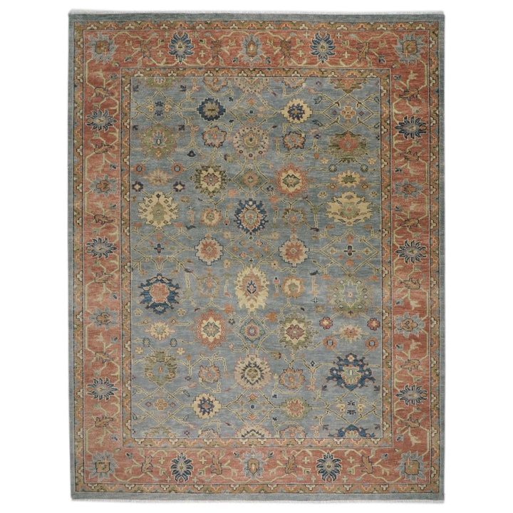 Palace Blue, Peach, Gold Color Hand Knotted Oushak Wool  Oriental Rug