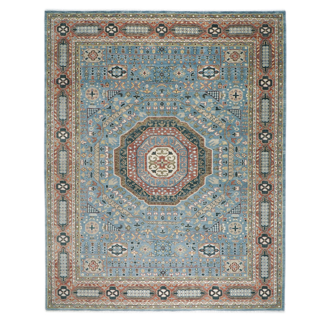 Palace Blue, Rust, Ivory Color Hand Knotted Oushak Wool Traditional Oriental Rug