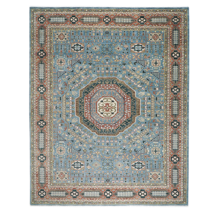 Palace Blue, Rust, Ivory Color Hand Knotted Oushak Wool Traditional Oriental Rug