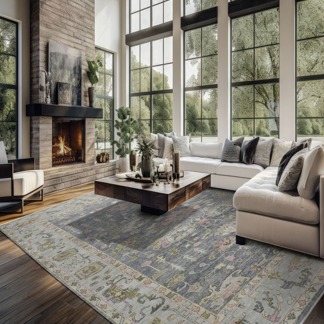 Palace Slate, Blue, Gray Color Hand Knotted Oushak Wool Transitional Oriental Rug