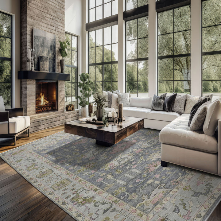 Palace Slate, Blue, Gray Color Hand Knotted Oushak Wool Transitional Oriental Rug