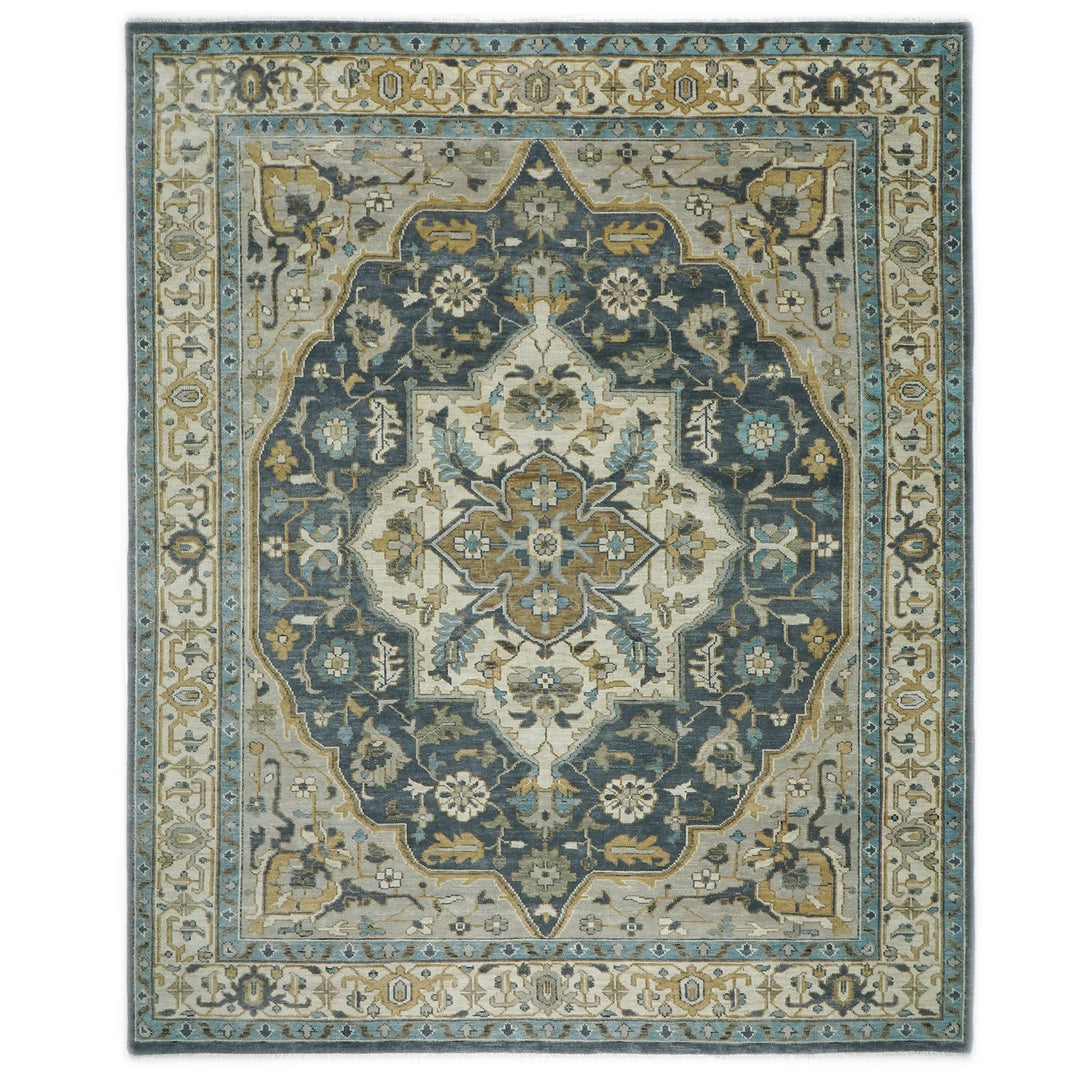 Palace Blue, Gray, Beige Color Hand Knotted Oushak Wool  Oriental Rug