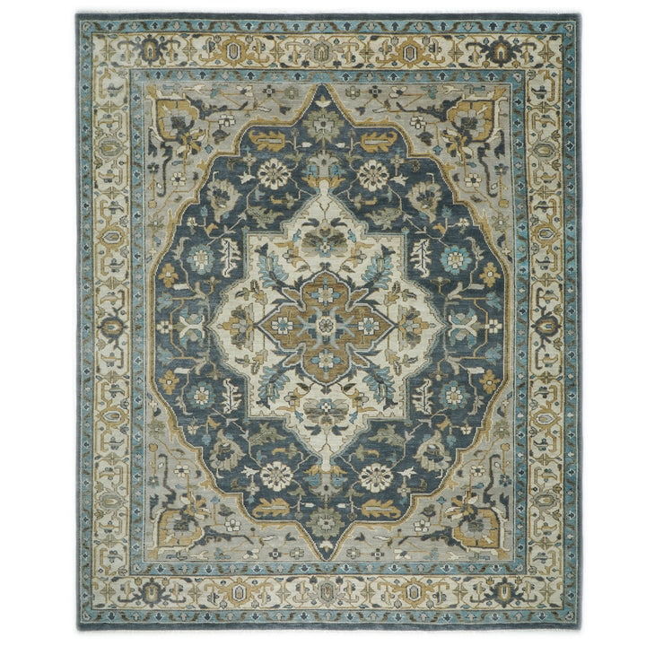 Palace Blue, Gray, Beige Color Hand Knotted Oushak Wool  Oriental Rug