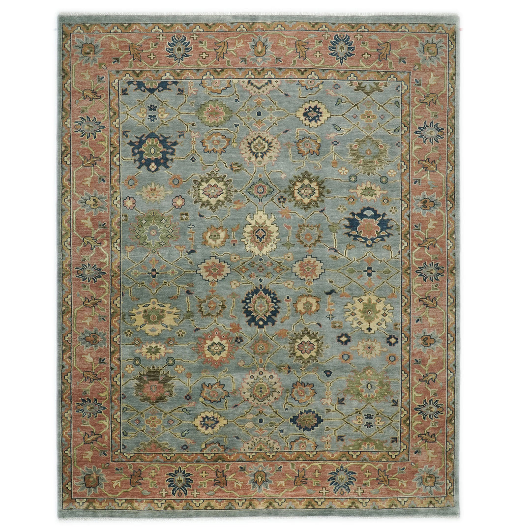 Palace Blue, Peach, Lime Color Hand Knotted Oushak Wool  Oriental Rug