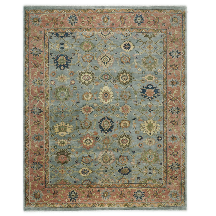 Palace Blue, Peach, Lime Color Hand Knotted Oushak Wool  Oriental Rug