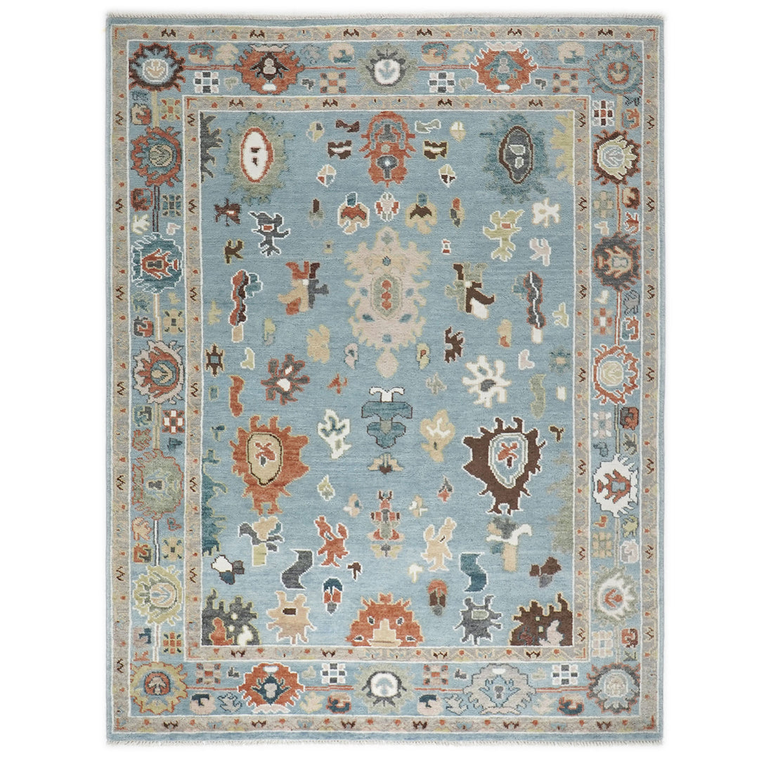 9x12 Blue, Ivory, Taupe Color Hand Knotted Oushak Wool Arts and Crafts Oriental Rug