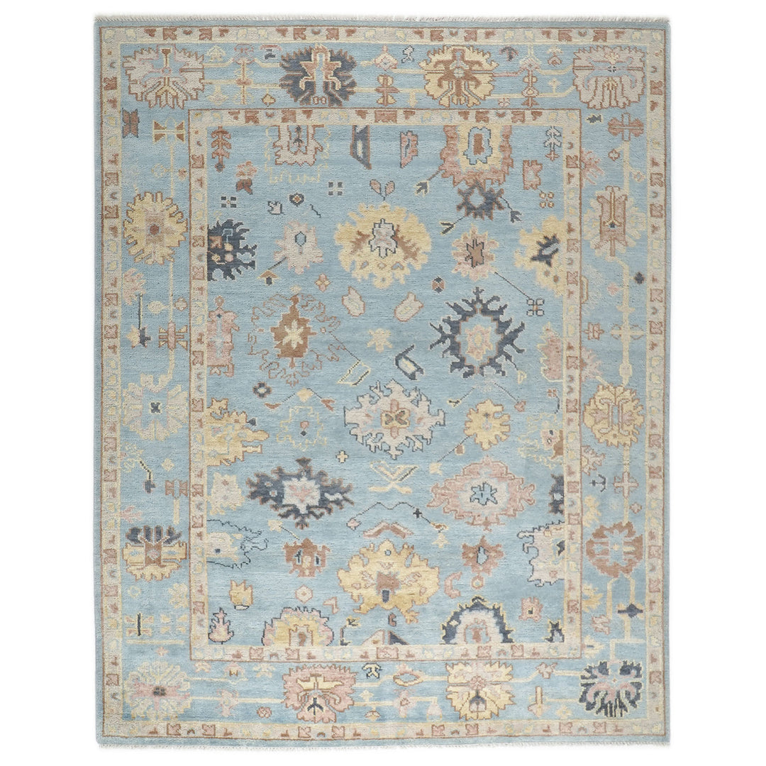 9x12 Blue, Beige, Light Gold Color Hand Knotted Oushak Wool  Oriental Rug