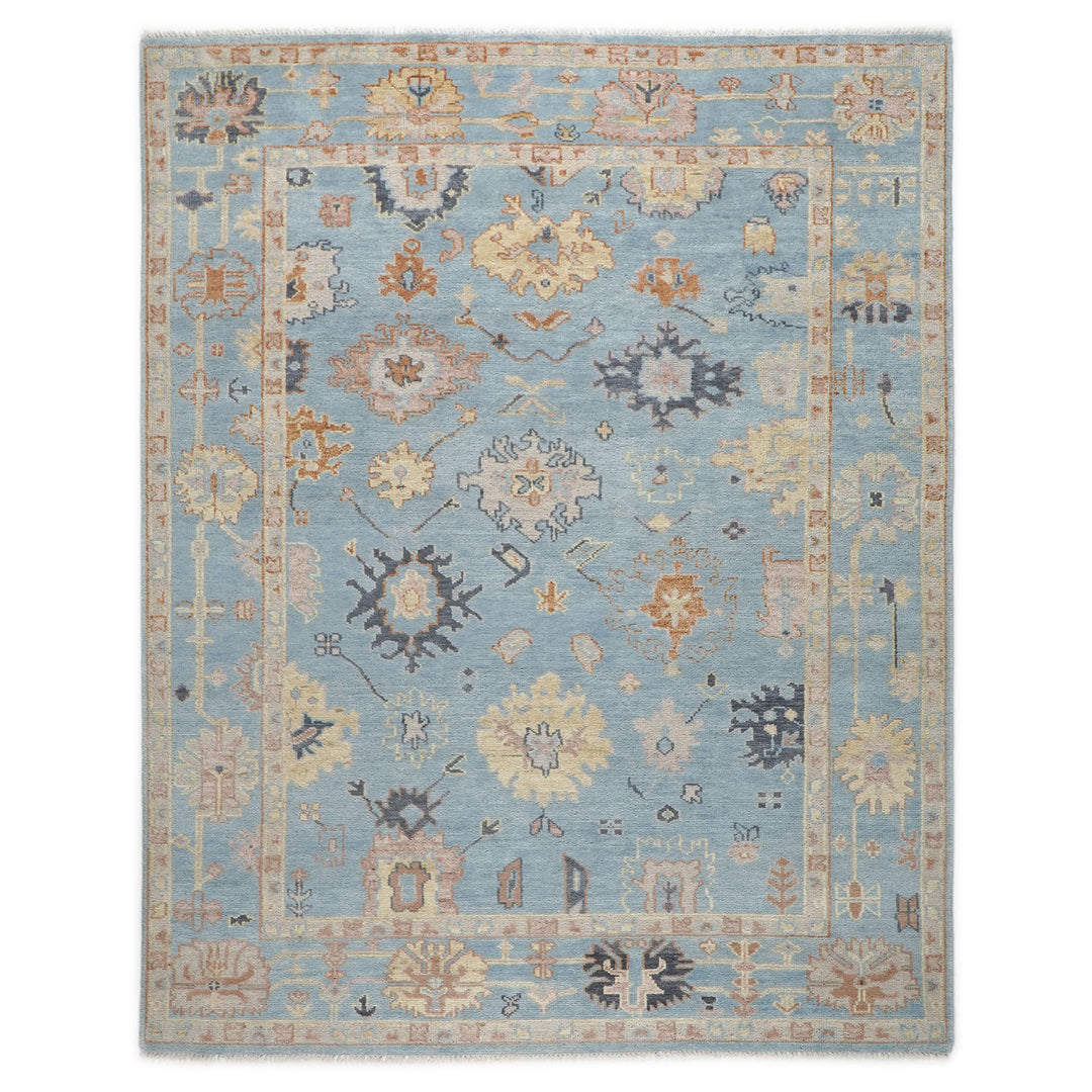 9x12 Blue, Light Gold, Rose Color Hand Knotted Oushak Wool  Oriental Rug