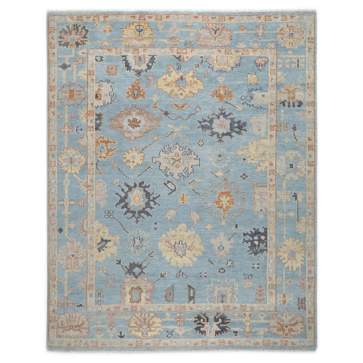 9x12 Blue, Light Gold, Rose Color Hand Knotted Oushak Wool  Oriental Rug