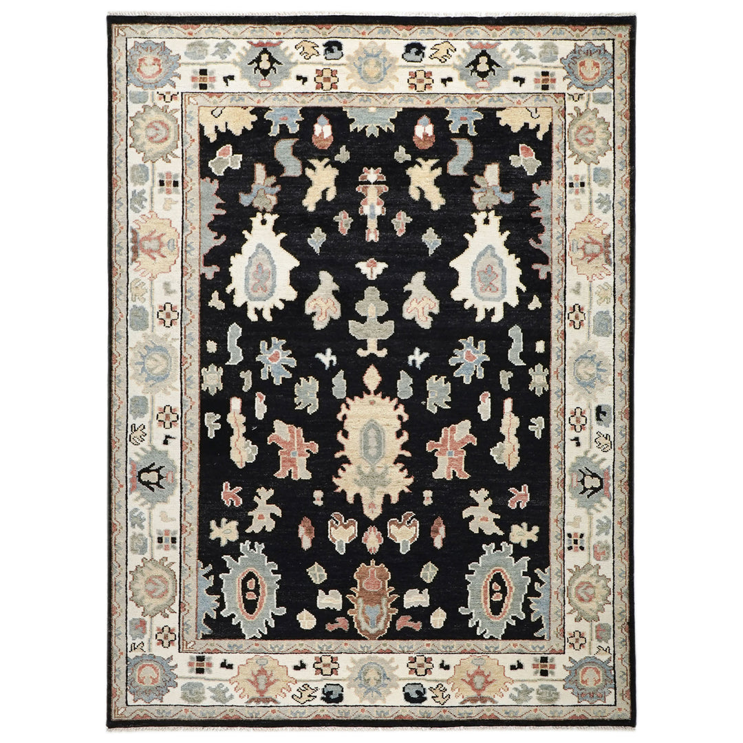 9x12 Black, Ivory, Rust Color Hand Knotted Oushak Wool Arts and Crafts Oriental Rug