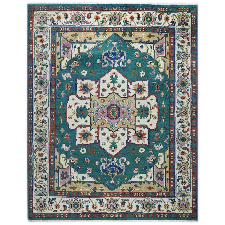 9x12 Teal, Ivory, Green Color Hand Knotted Oushak Wool  Oriental Rug