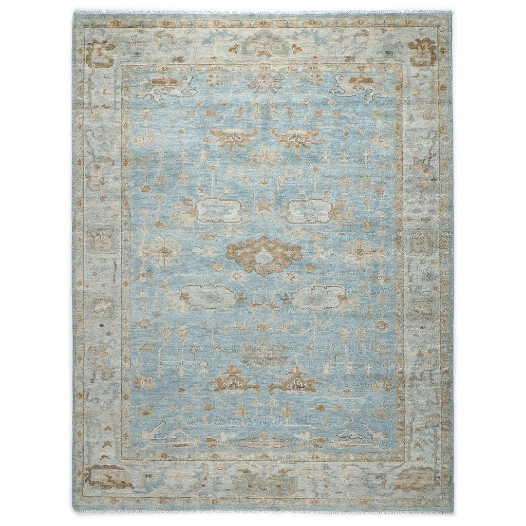 9x12 Blue, Gray, Brown Color Hand Knotted Oushak Wool Transitional Oriental Rug
