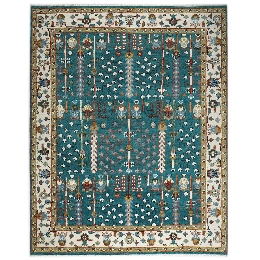 9x12 Turquoise, Ivory, Burnt Orange Color Hand Knotted Oushak Wool Transitional Oriental Rug