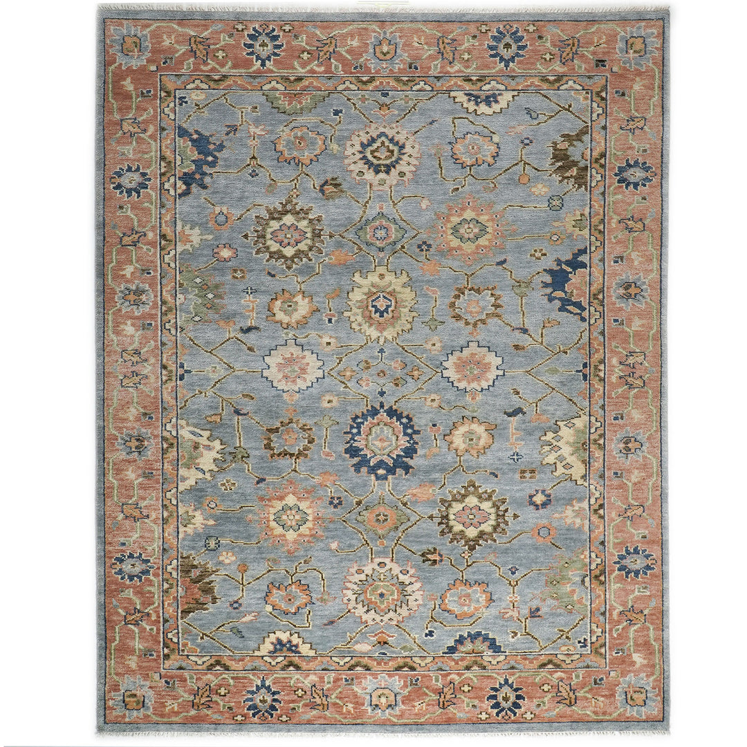 9x12 Slate, Blue, peach Color Hand Knotted Oushak Wool Arts and Crafts Oriental Rug