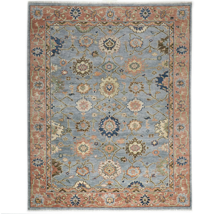 9x12 Slate, Blue, peach Color Hand Knotted Oushak Wool Arts and Crafts Oriental Rug