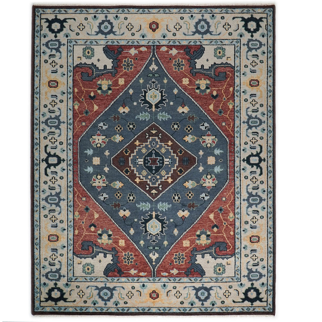 9x12 Blue, Burnt Orange, Beige Color Hand Knotted Oushak Wool Traditional Oriental Rug
