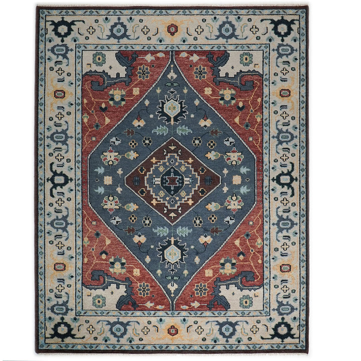 9x12 Blue, Burnt Orange, Beige Color Hand Knotted Oushak Wool Traditional Oriental Rug