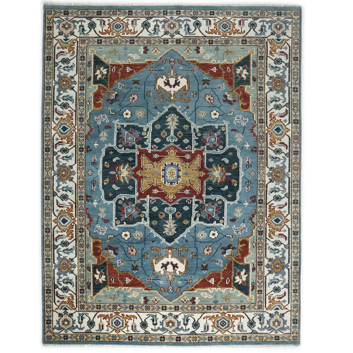 9x12 Blue, Ivory, Mint Color Hand Knotted Oushak Wool  Oriental Rug