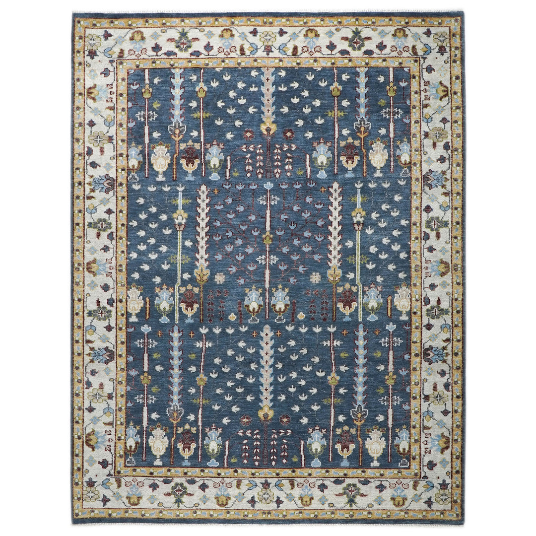 9x12 Blue, Ivory, Tan Color Hand Knotted Oushak Wool Transitional Oriental Rug