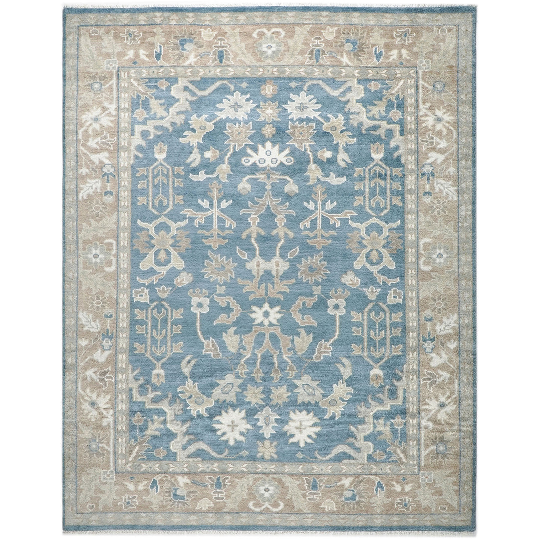 9x12 Blue, Tan, Ivory Color Hand Knotted Oushak Wool Transitional Oriental Rug