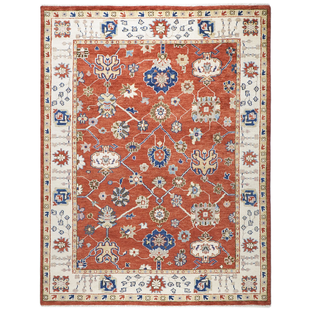 9x12 Burnt Orange, Ivory, Navy Color Hand Knotted Oushak Wool Arts and Crafts Oriental Rug