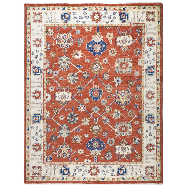 9x12 Burnt Orange, Ivory, Navy Color Hand Knotted Oushak Wool Arts and Crafts Oriental Rug