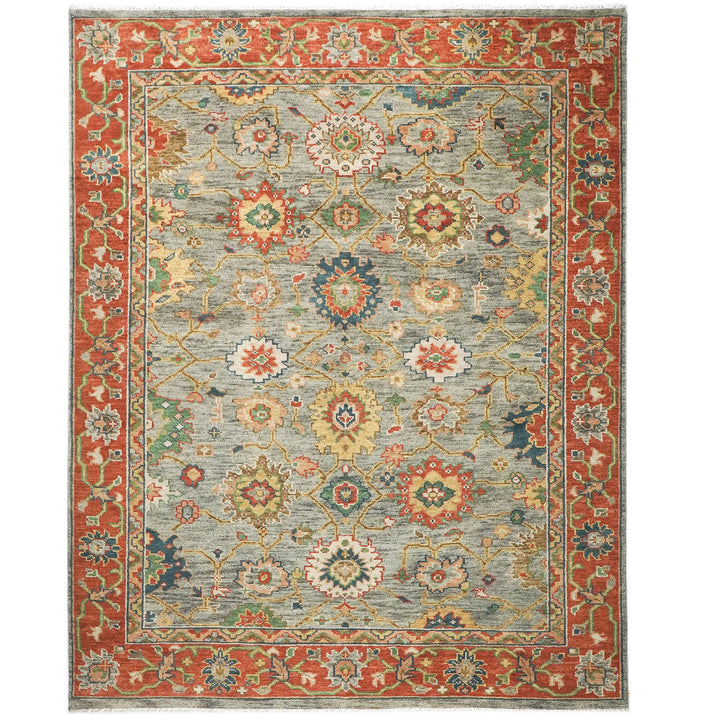 9x12 Blue, Burnt Orange, Gray Color Hand Knotted Oushak Wool  Oriental Rug