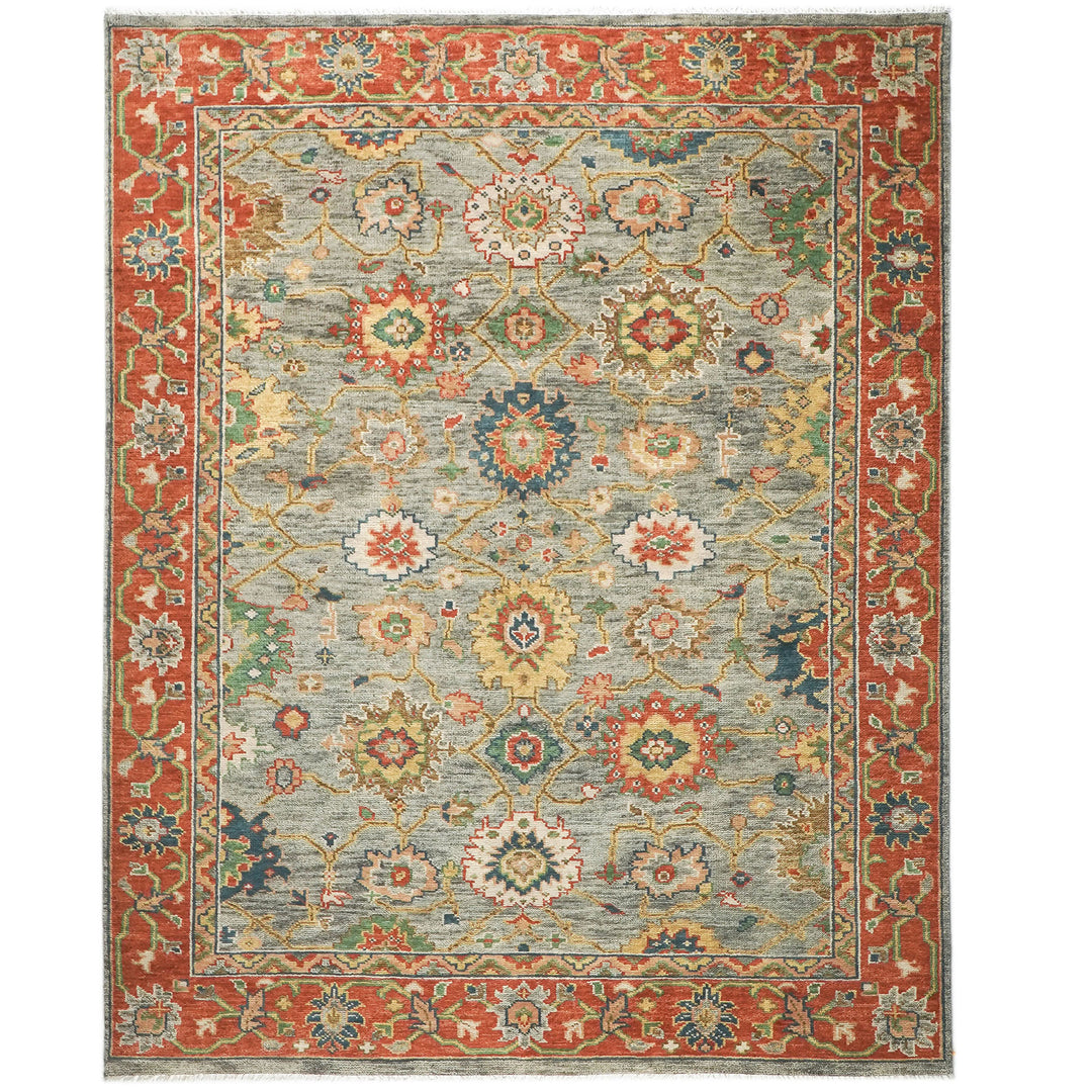 9x12 Blue, Burnt Orange, Gray Color Hand Knotted Oushak Wool Arts and Crafts Oriental Rug