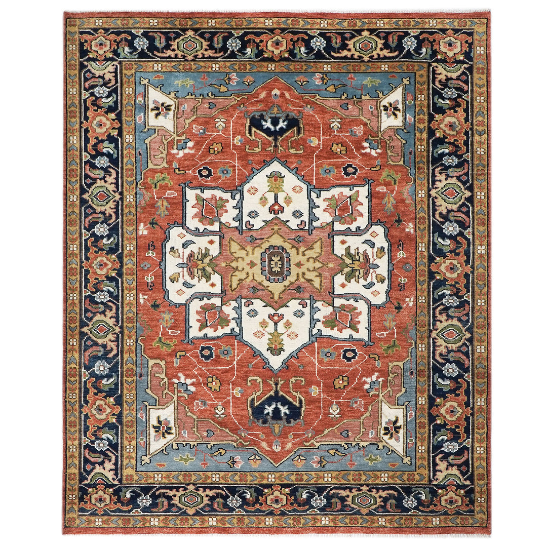 9x12 Burnt Orange, Ivory, Navy Color Hand Knotted Oushak Wool  Oriental Rug
