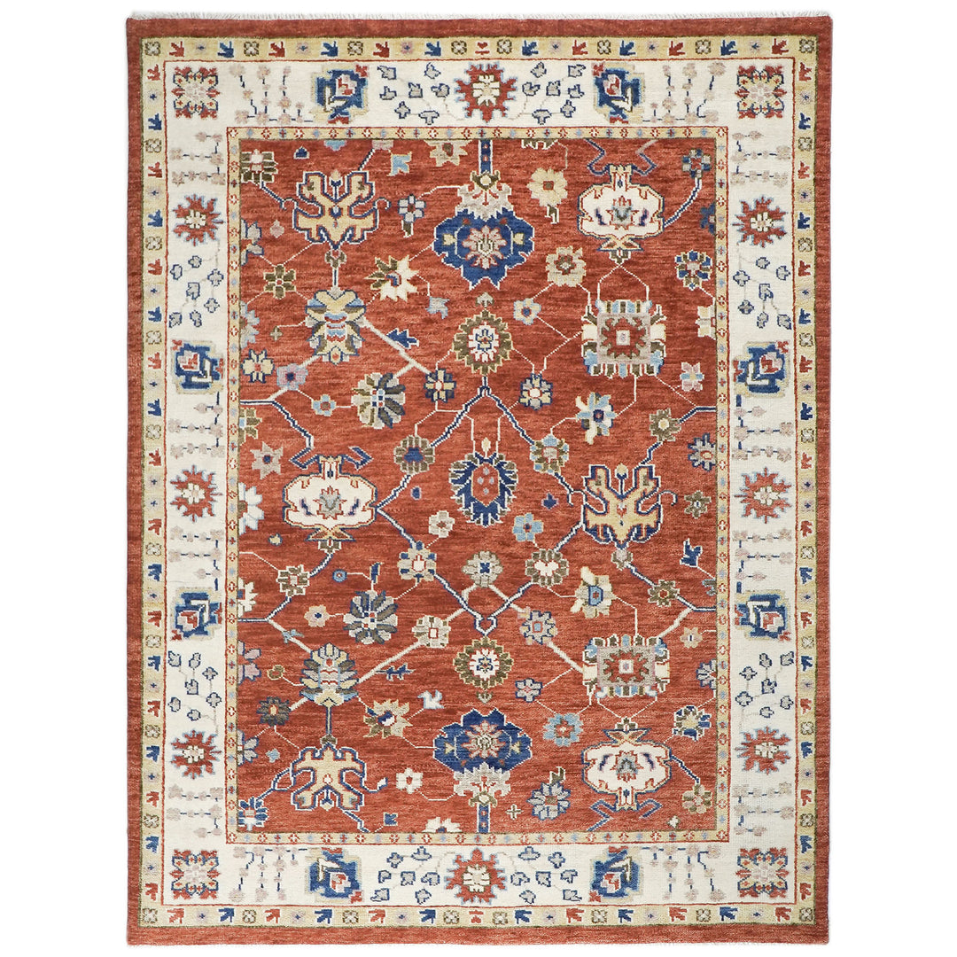 9x12 Burnt Orange, Ivory, Navy Color Hand Knotted Oushak Wool Transitional Oriental Rug