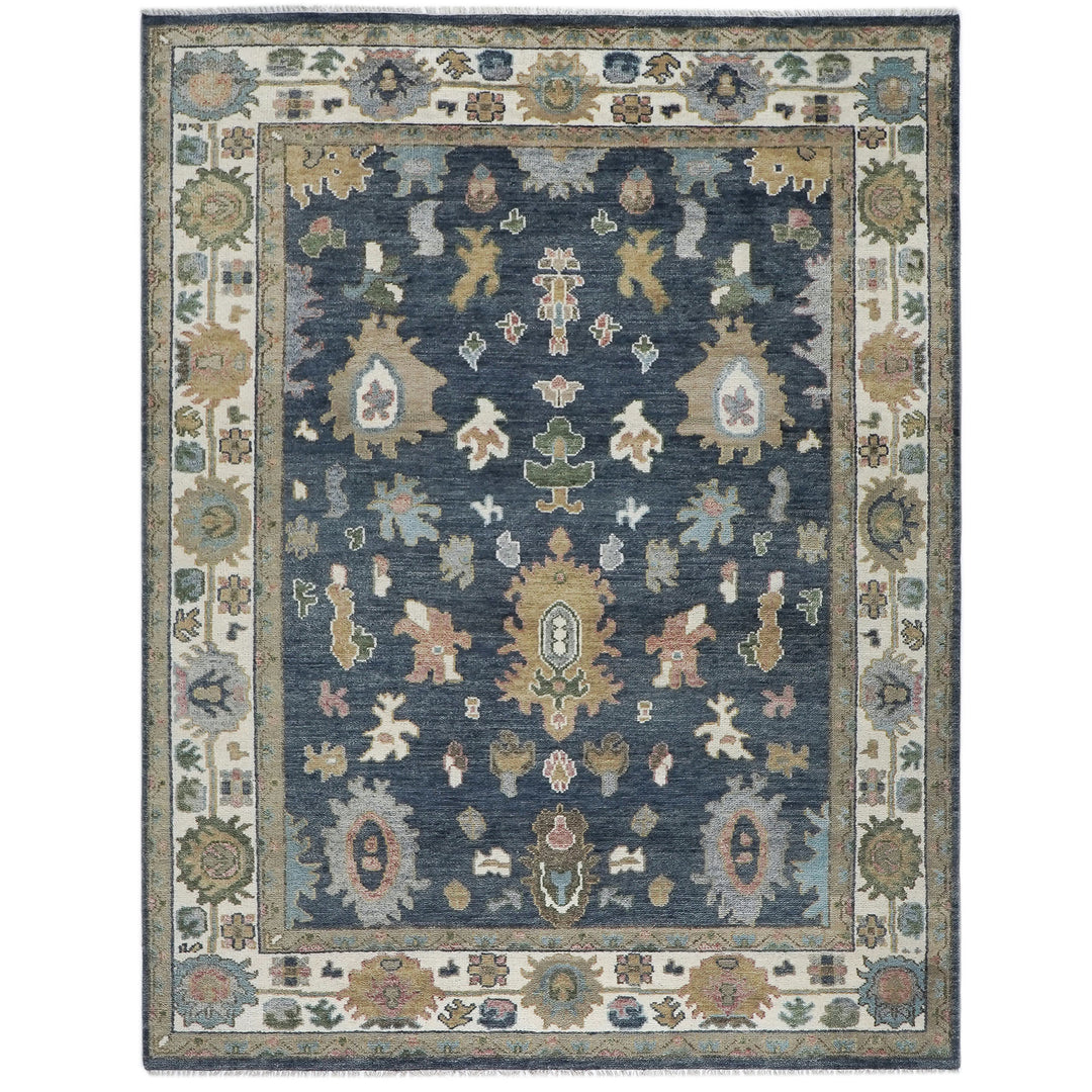 9x12 Blue, Ivory, Moss Color Hand Knotted Oushak Wool  Oriental Rug